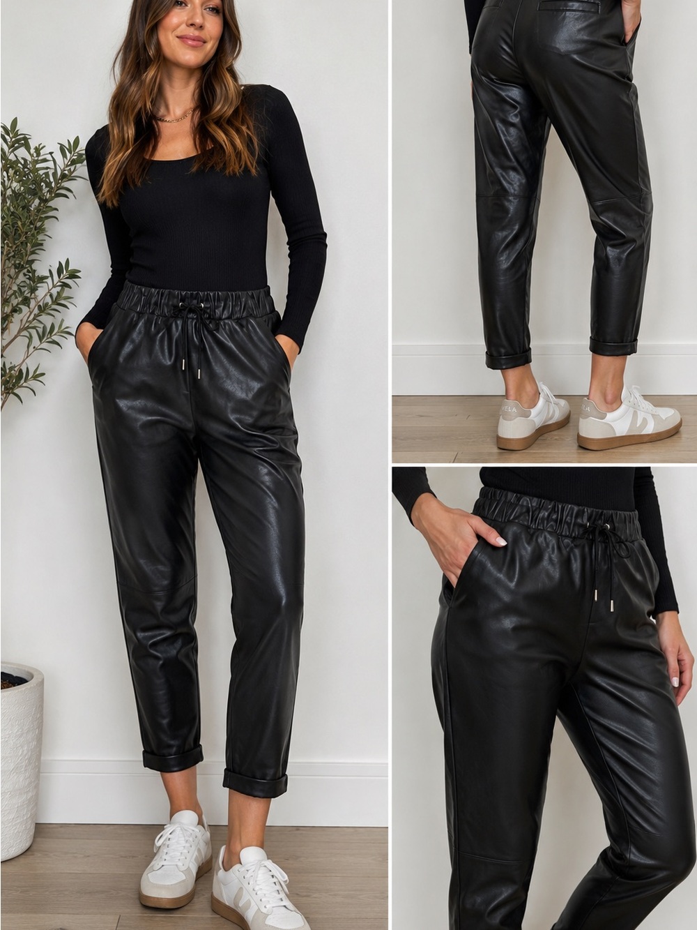 EVEREVE Black Faux Leather Jogger Pants XL Drawstring Cropped Vegan Leather EUC